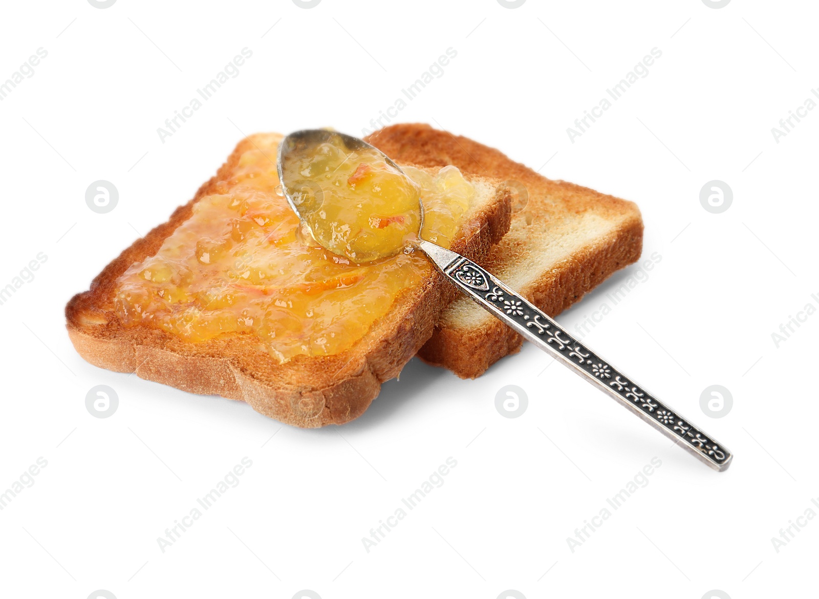 Photo of Delicious toasts and one with orange marmalade on white background