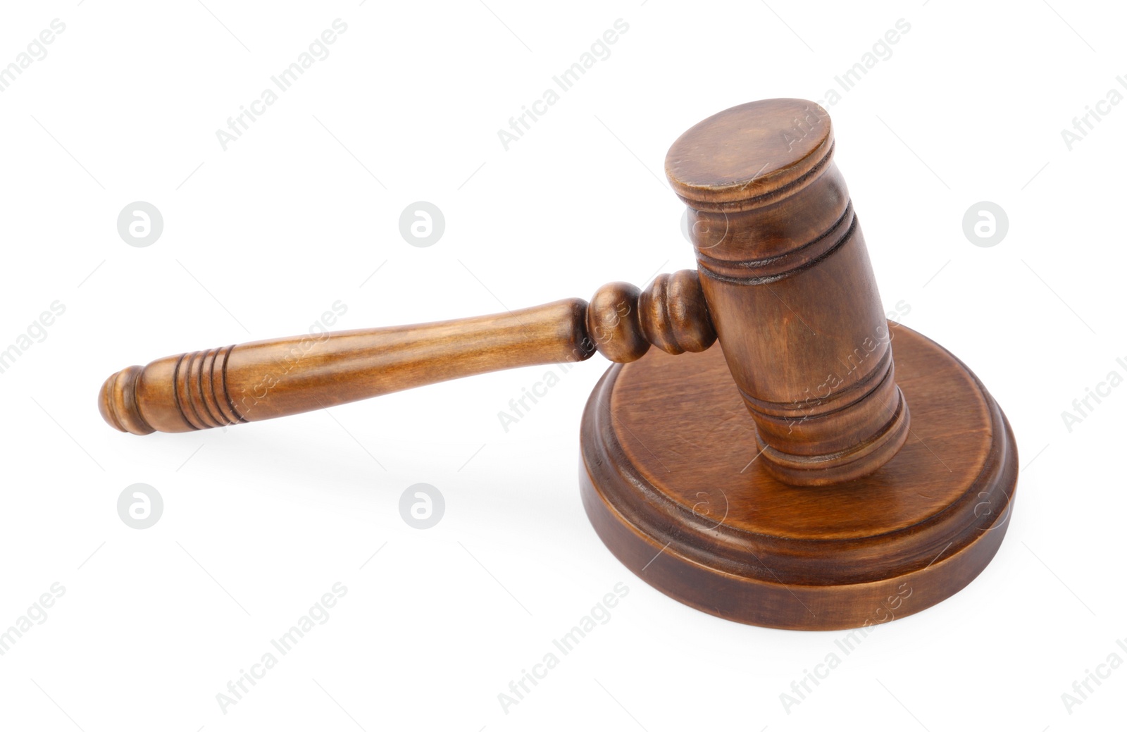 Photo of Wooden gavel isolated on white. Small mallet