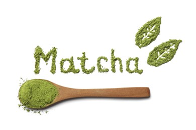 Photo of Word Matcha and leaves made of green powder and wooden spoon isolated on white, top view