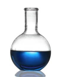 Florence flask with liquid on white background. Chemistry glassware