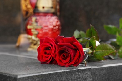 Photo of Red roses grave light on grey granite tombstone outdoors, space for text. Funeral ceremony