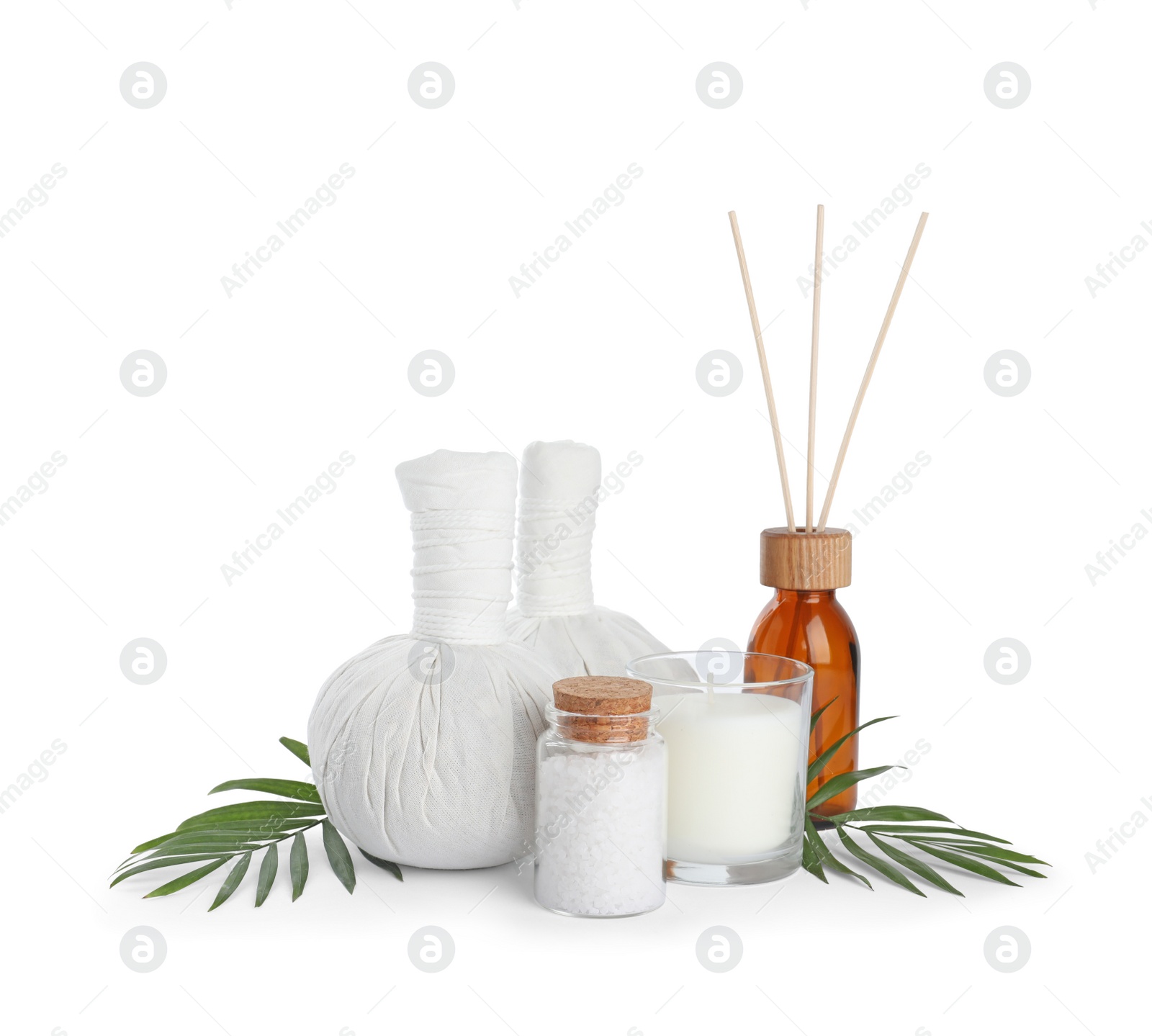 Photo of Beautiful composition with different spa products on white background