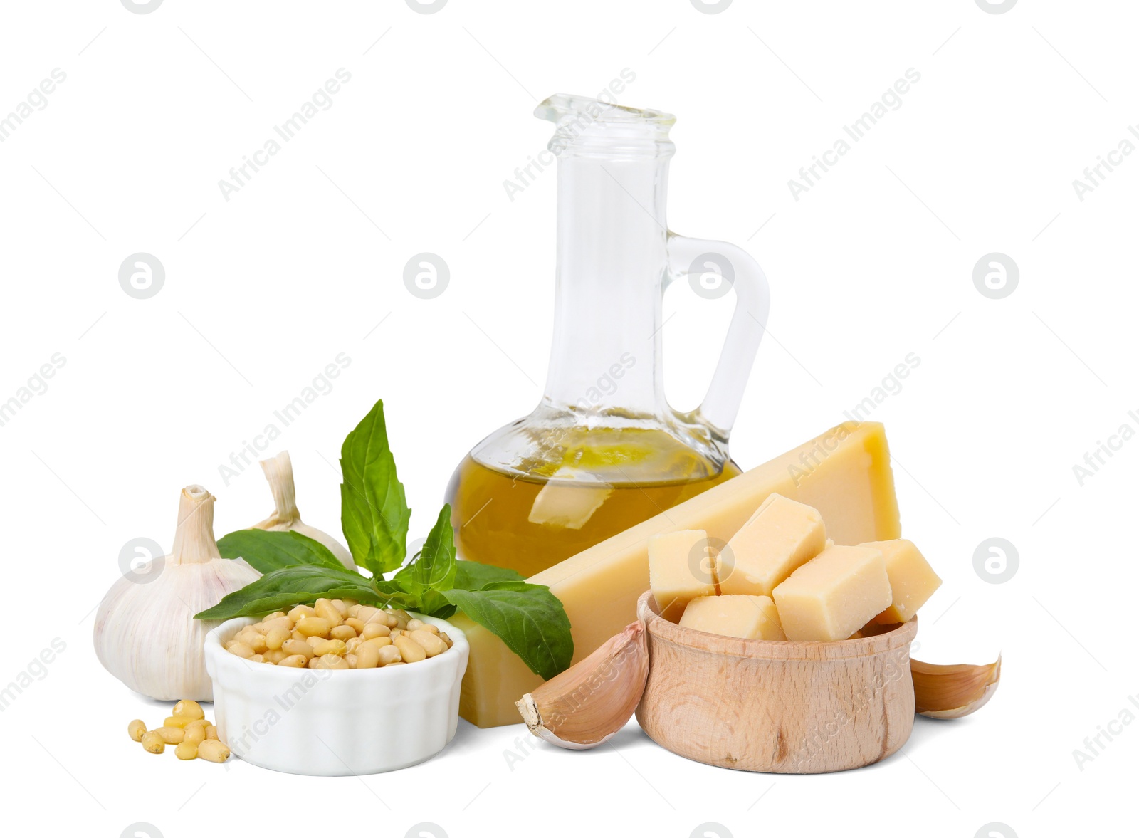 Photo of Different ingredients for cooking tasty pesto sauce isolated on white