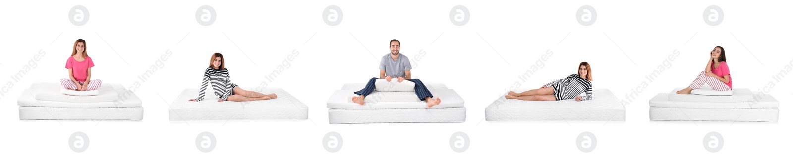 Image of Collage with photos of people and mattresses on white background. Banner design