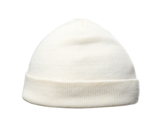 Photo of Woman wearing knitted hat on white background, closeup. Winter sports clothes