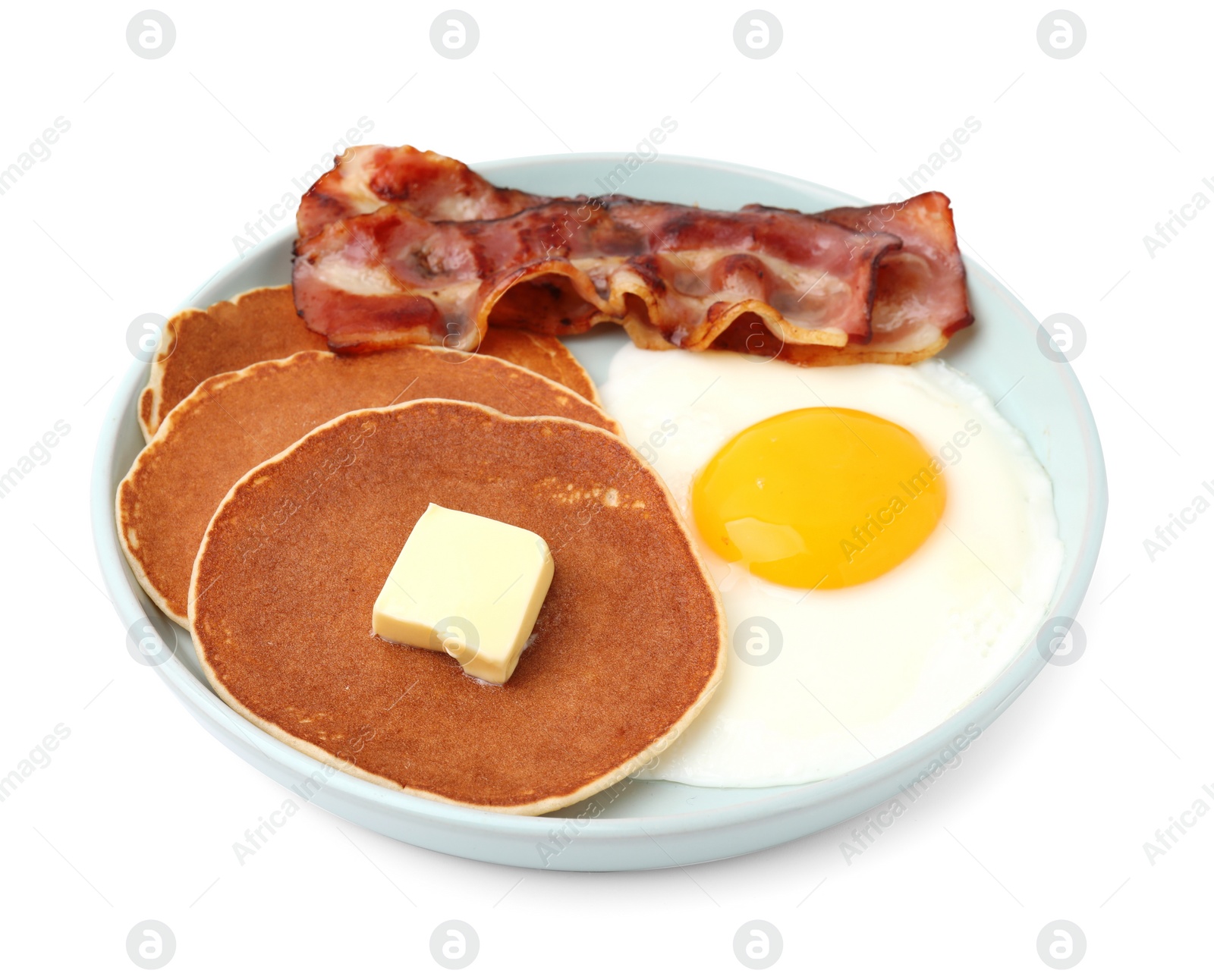 Photo of Tasty pancakes with fried egg and bacon isolated on white