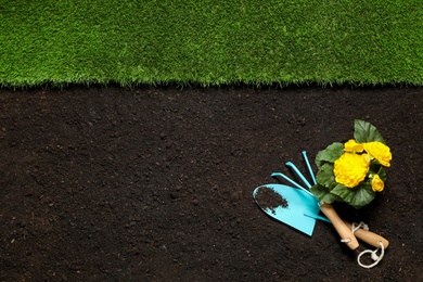 Gardening equipment, artificial grass and flower on soil, space for text