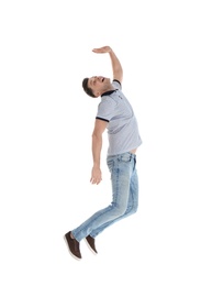 Photo of Emotional man in casual clothes posing on white background