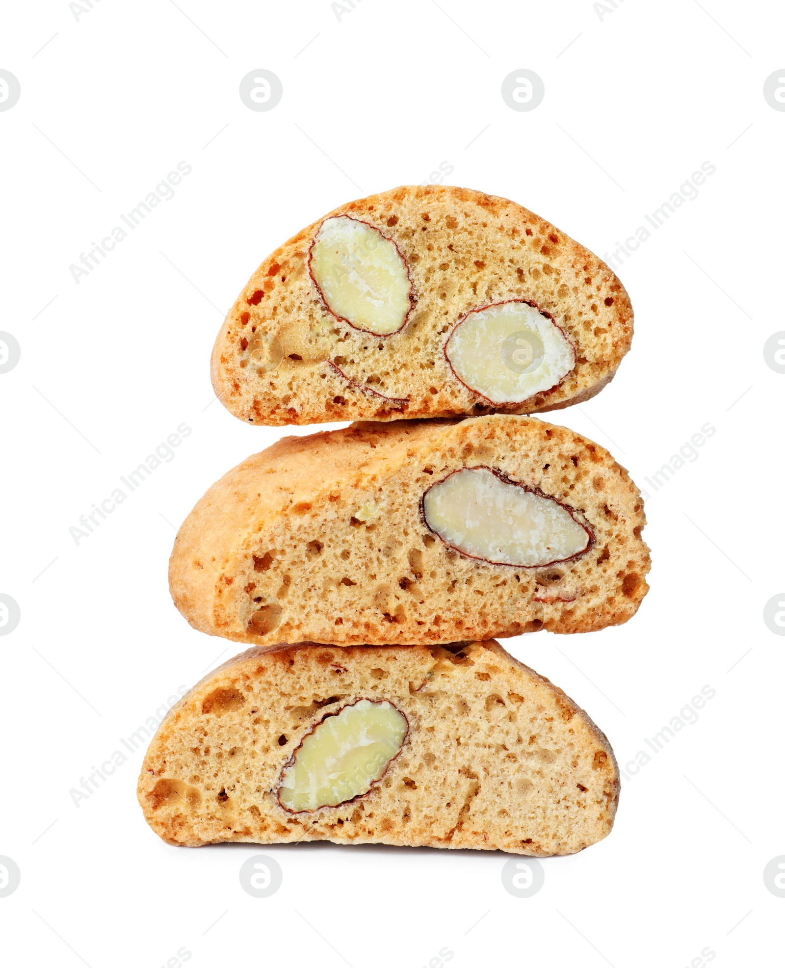 Photo of Slices of tasty cantucci on white background. Traditional Italian almond biscuits