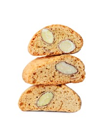 Photo of Slices of tasty cantucci on white background. Traditional Italian almond biscuits