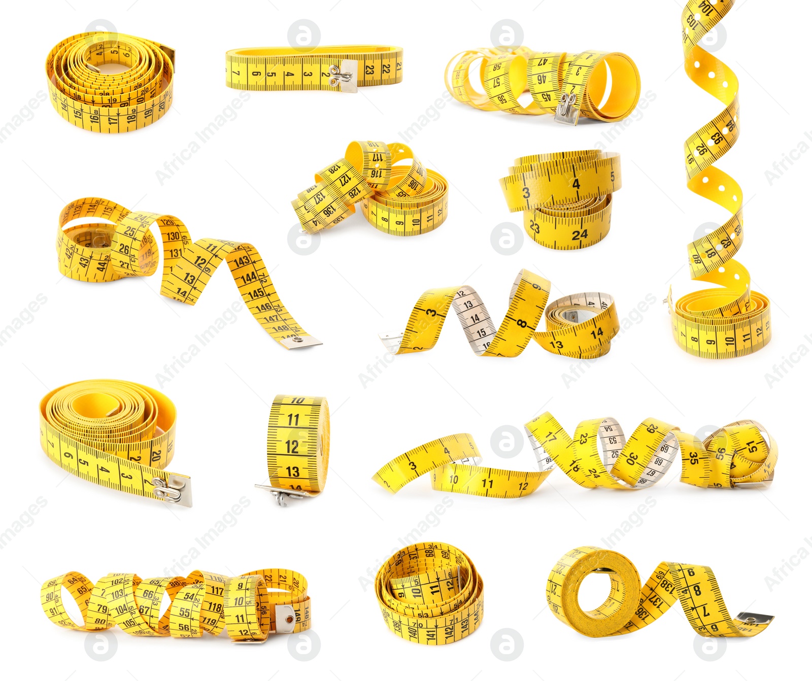 Image of Set of yellow measuring tapes on white background