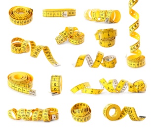 Image of Set of yellow measuring tapes on white background