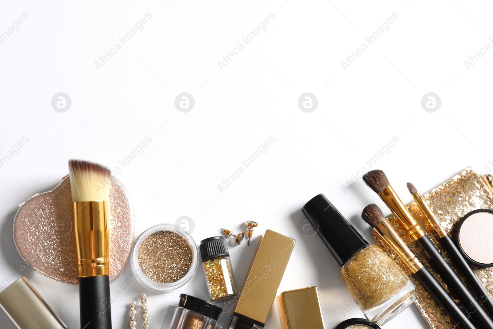 Photo of Set of luxury makeup products on white background, flat lay