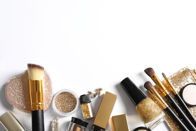 Set of luxury makeup products on white background, flat lay