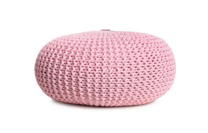Stylish pink pouf isolated on white. Home design