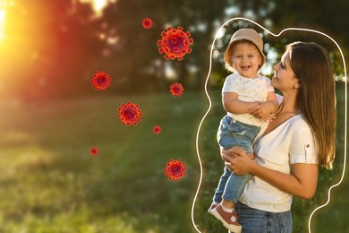 Happy mother with her child outdoors. Outline around them symbolizing strong immunity blocking viruses