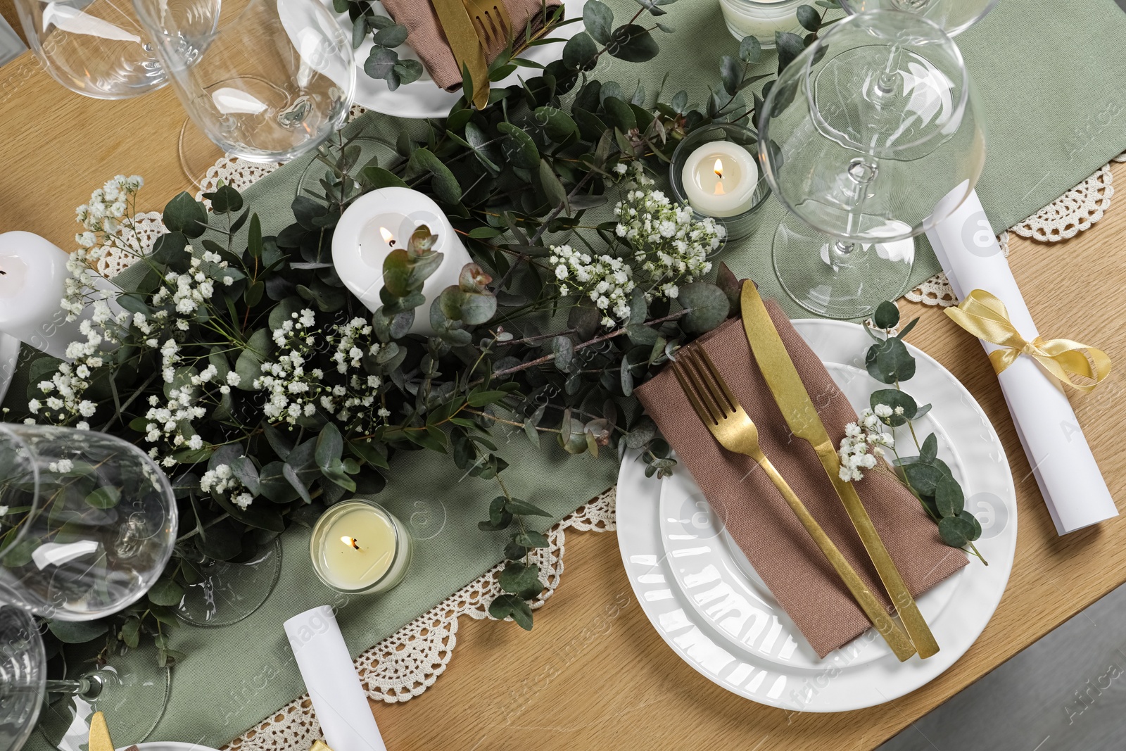 Photo of Stylish elegant table setting for festive dinner, flat lay