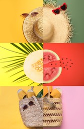 Summer vibes. Collage with beach stuff and fruits