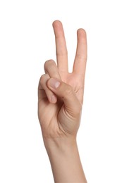 Photo of Woman showing peace gesture on white background, closeup of hand