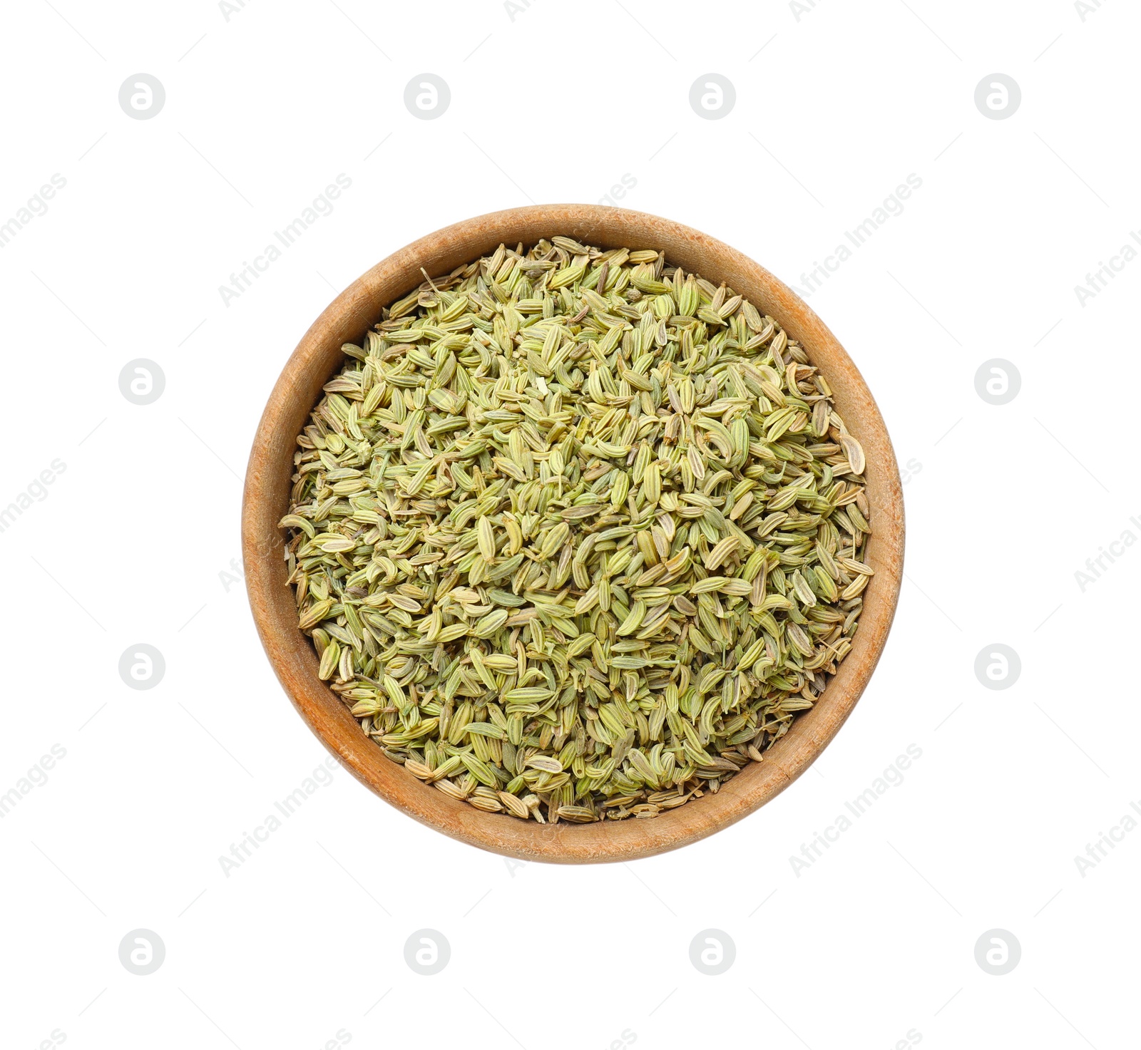 Photo of Fennel seeds in bowl isolated on white, top view