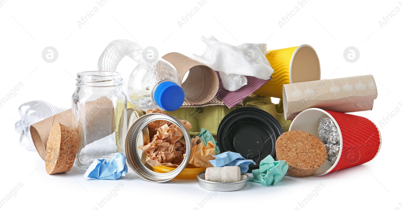Photo of Pile of different garbage on white background. Trash recycling