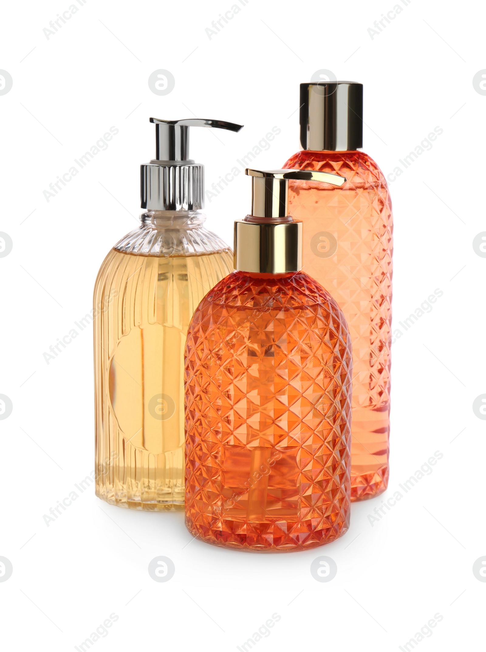 Photo of Stylish containers with skin care products on white background