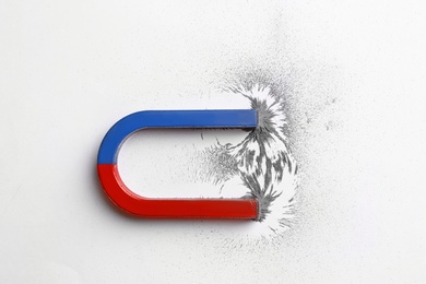 Red and blue horseshoe magnet with iron filings on white background, top view
