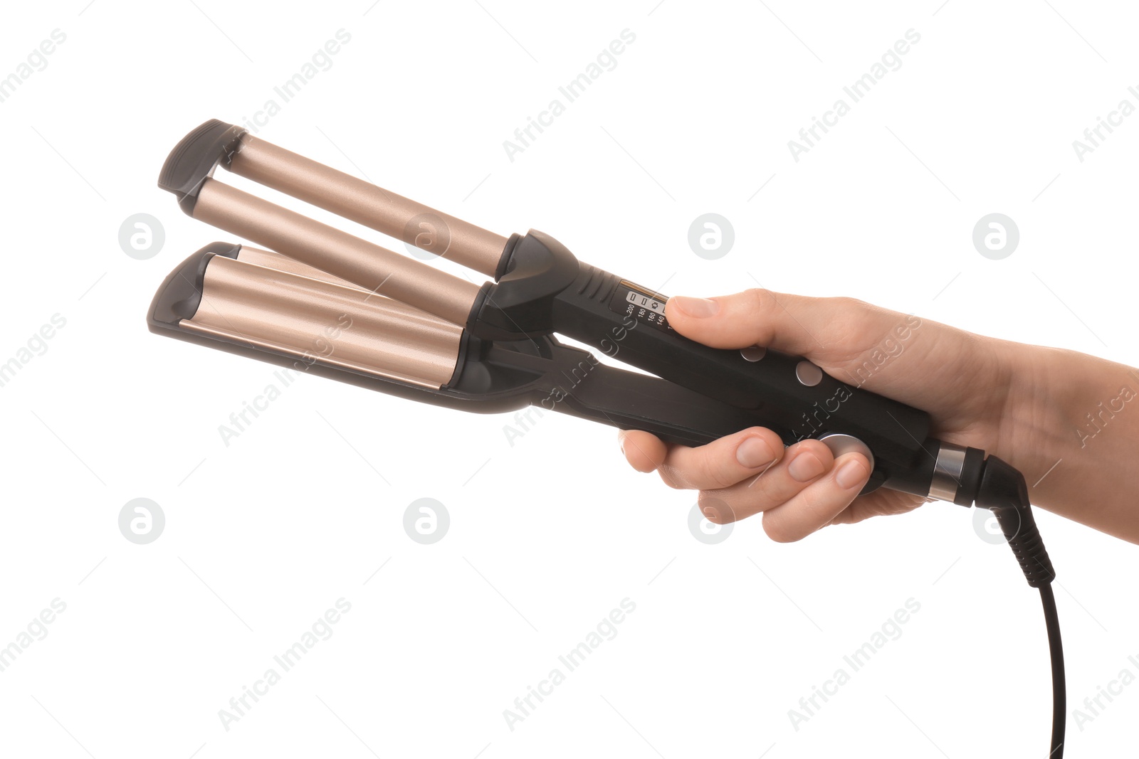 Photo of Woman holding modern triple curling iron on white background, closeup