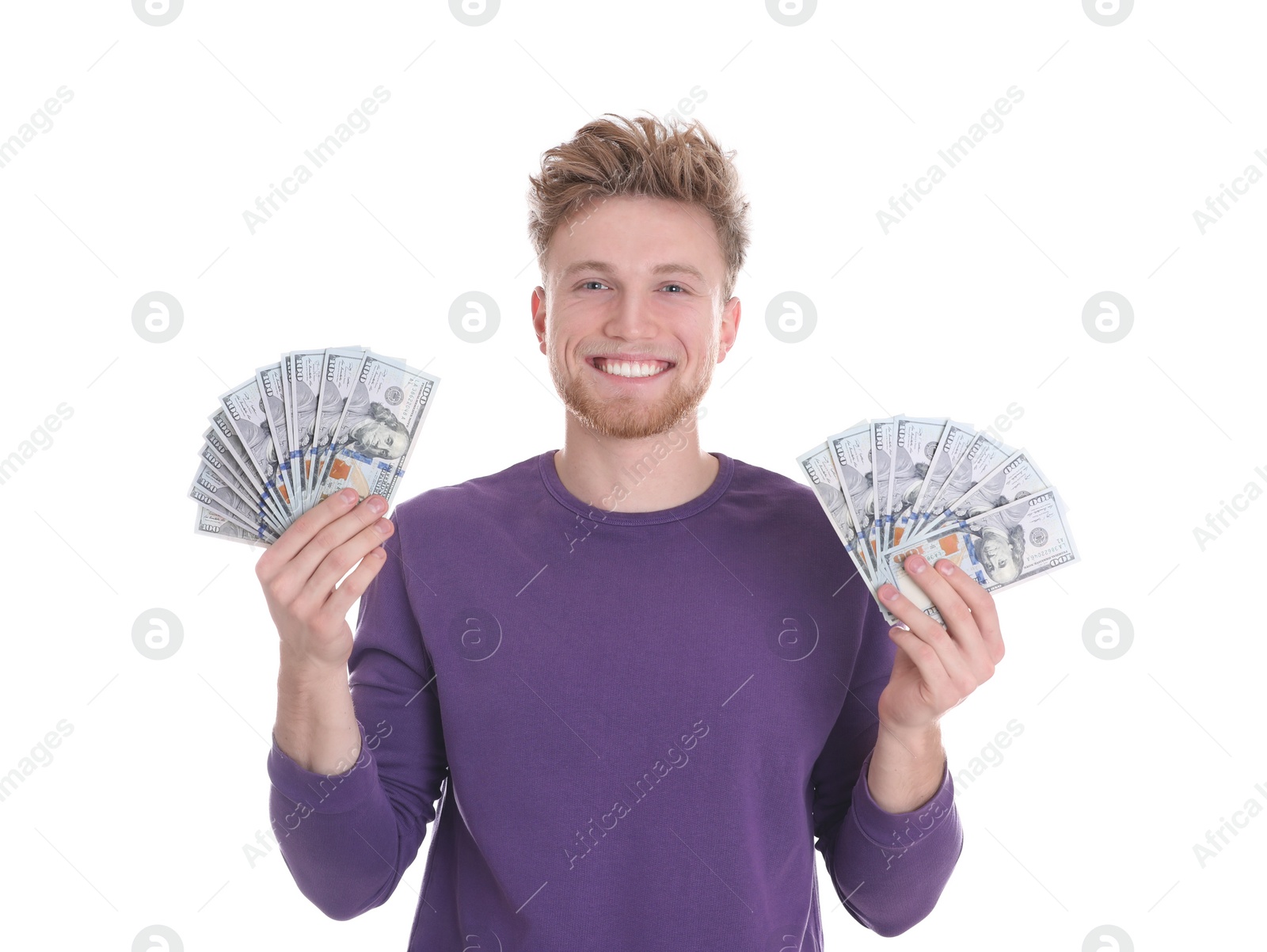 Photo of Happy young man with money on white background