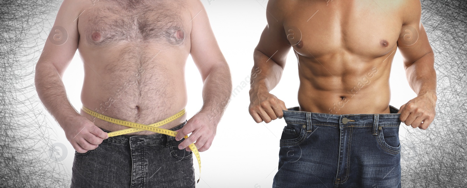 Image of Slim and overweight men on color background, closeup