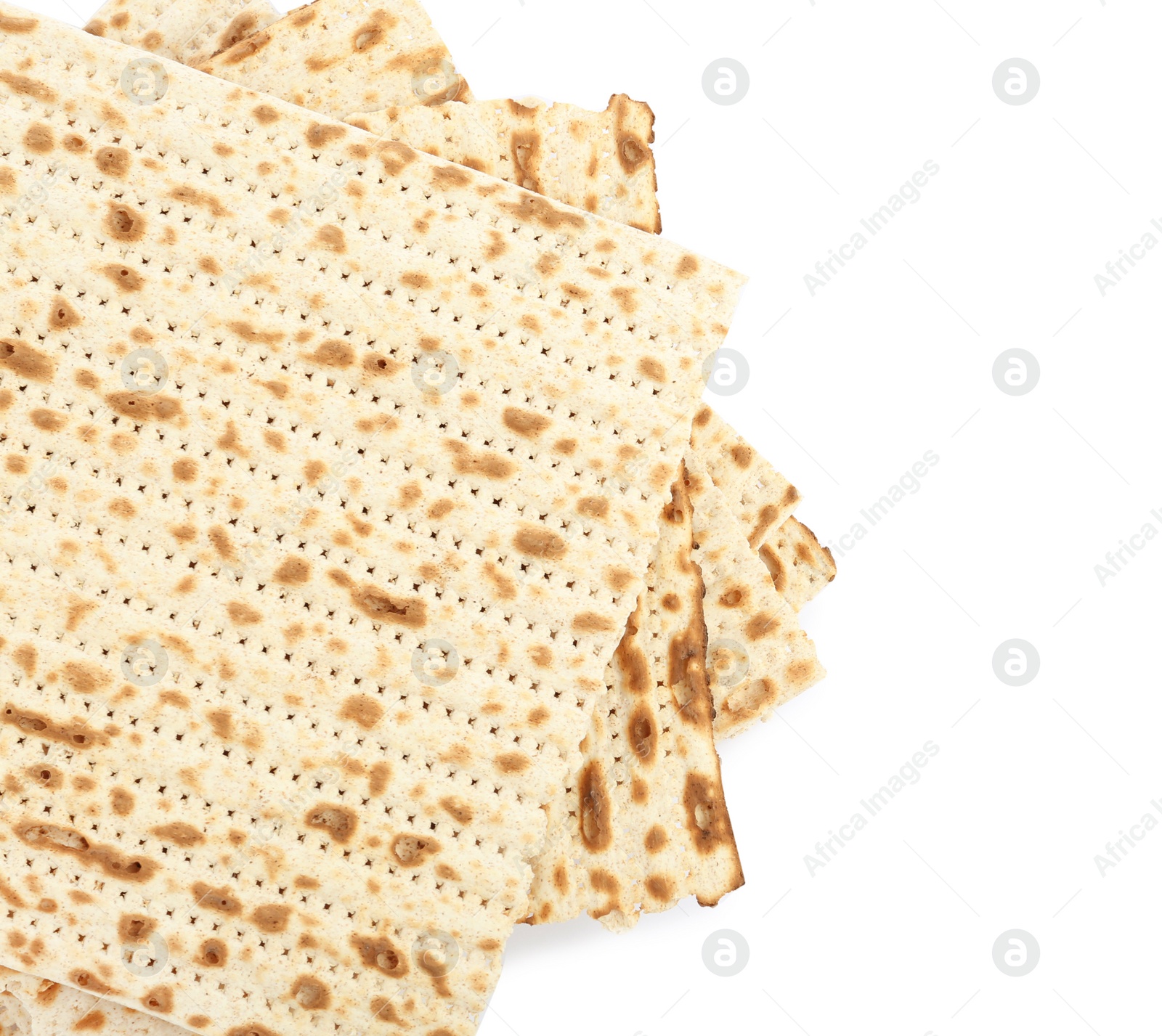 Photo of Passover matzos isolated on white, top view. Pesach celebration