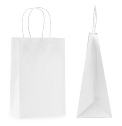 Image of Paper shopping bags on white background, collage