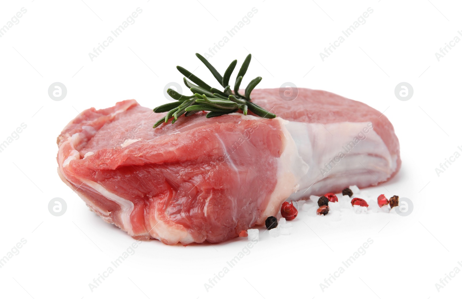 Photo of Fresh raw meat with rosemary and spices isolated on white