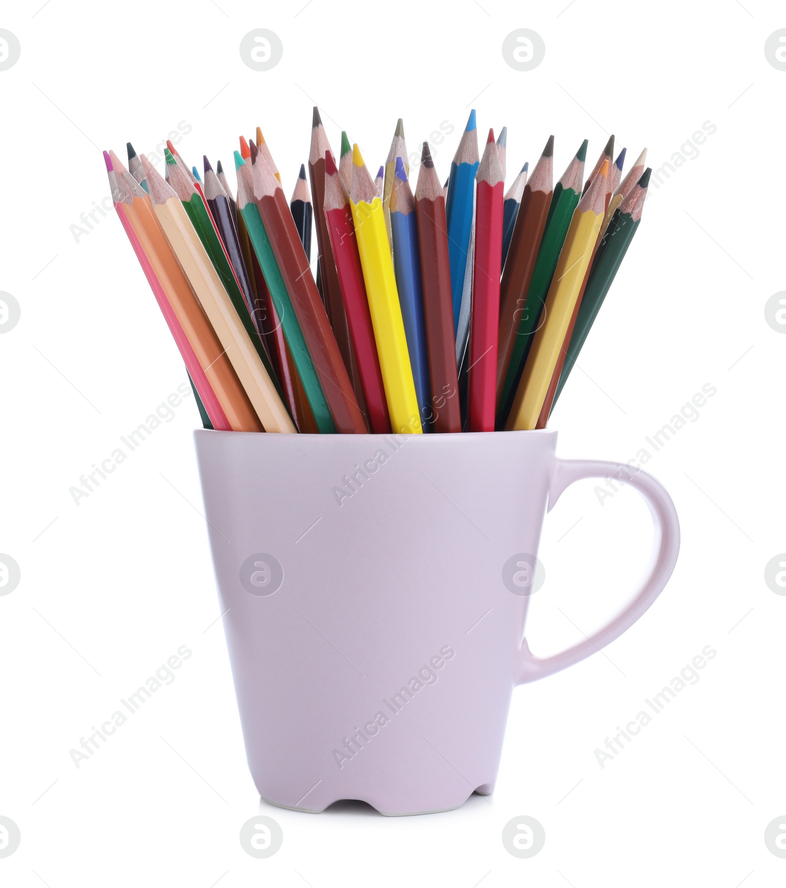 Photo of Colorful pencils in pink cup on white background