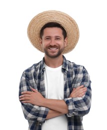 Photo of Harvesting season. Happy farmer with crossed arms on white background