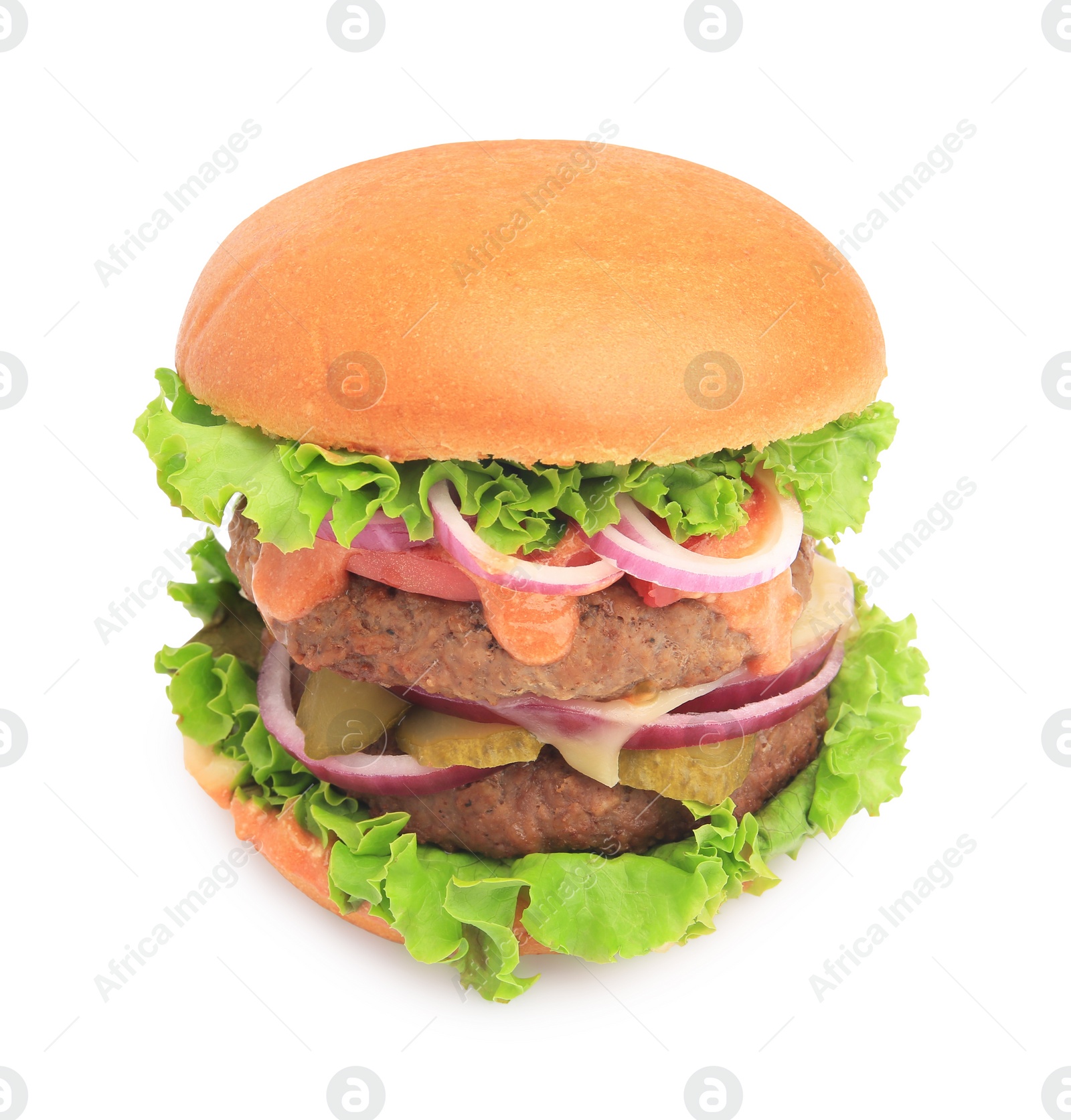 Photo of One tasty burger with vegetables, patties and lettuce isolated on white