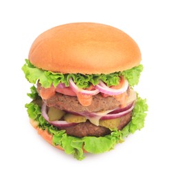 Photo of One tasty burger with vegetables, patties and lettuce isolated on white