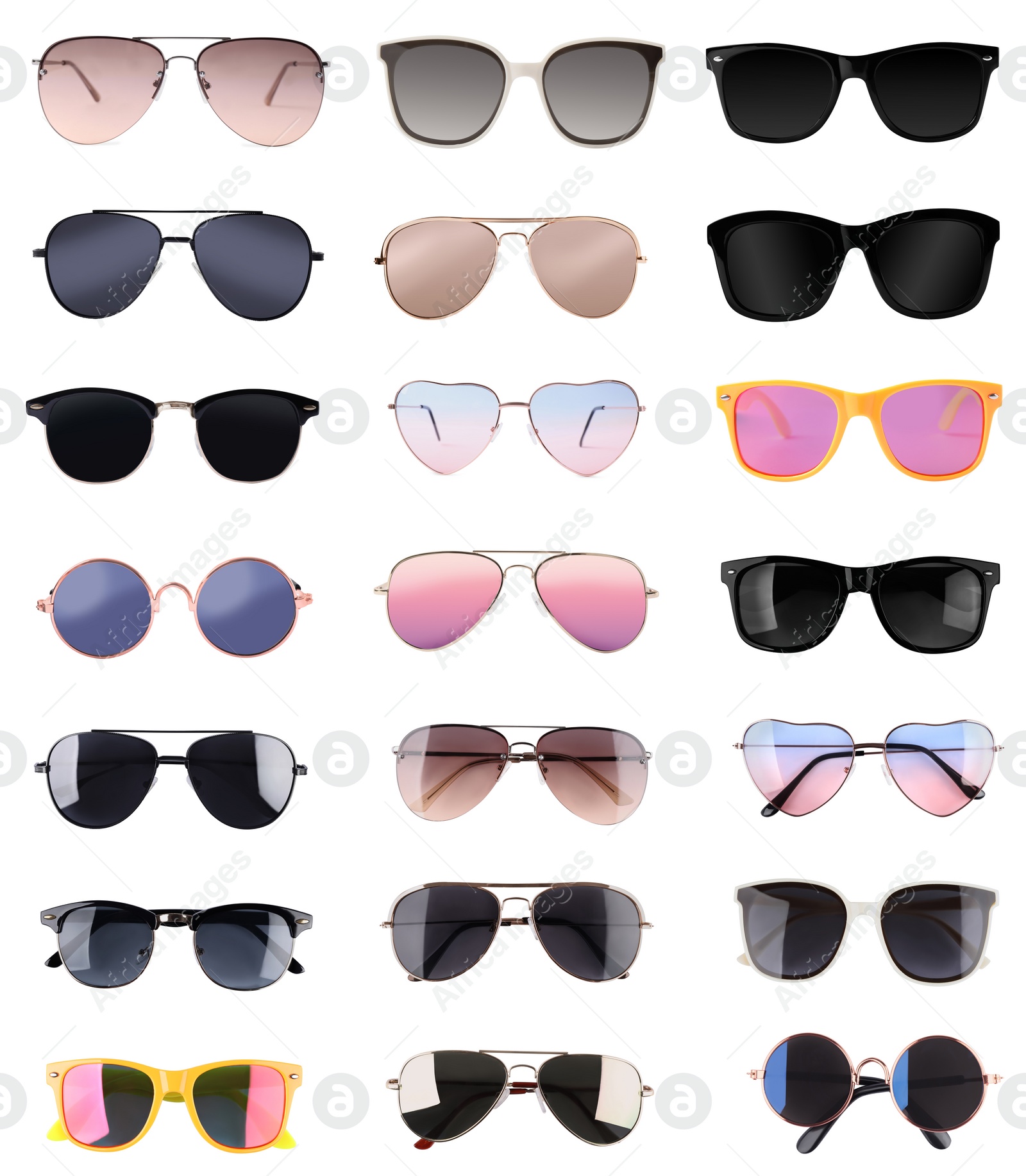 Image of Set with different stylish sunglasses on white background