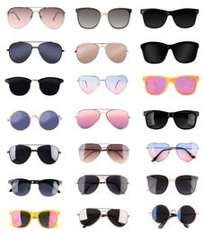 Image of Set with different stylish sunglasses on white background