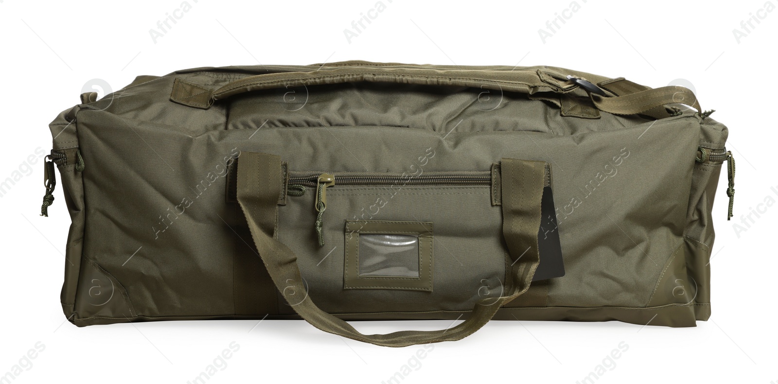 Photo of Army duffle bag isolated on white. Military equipment