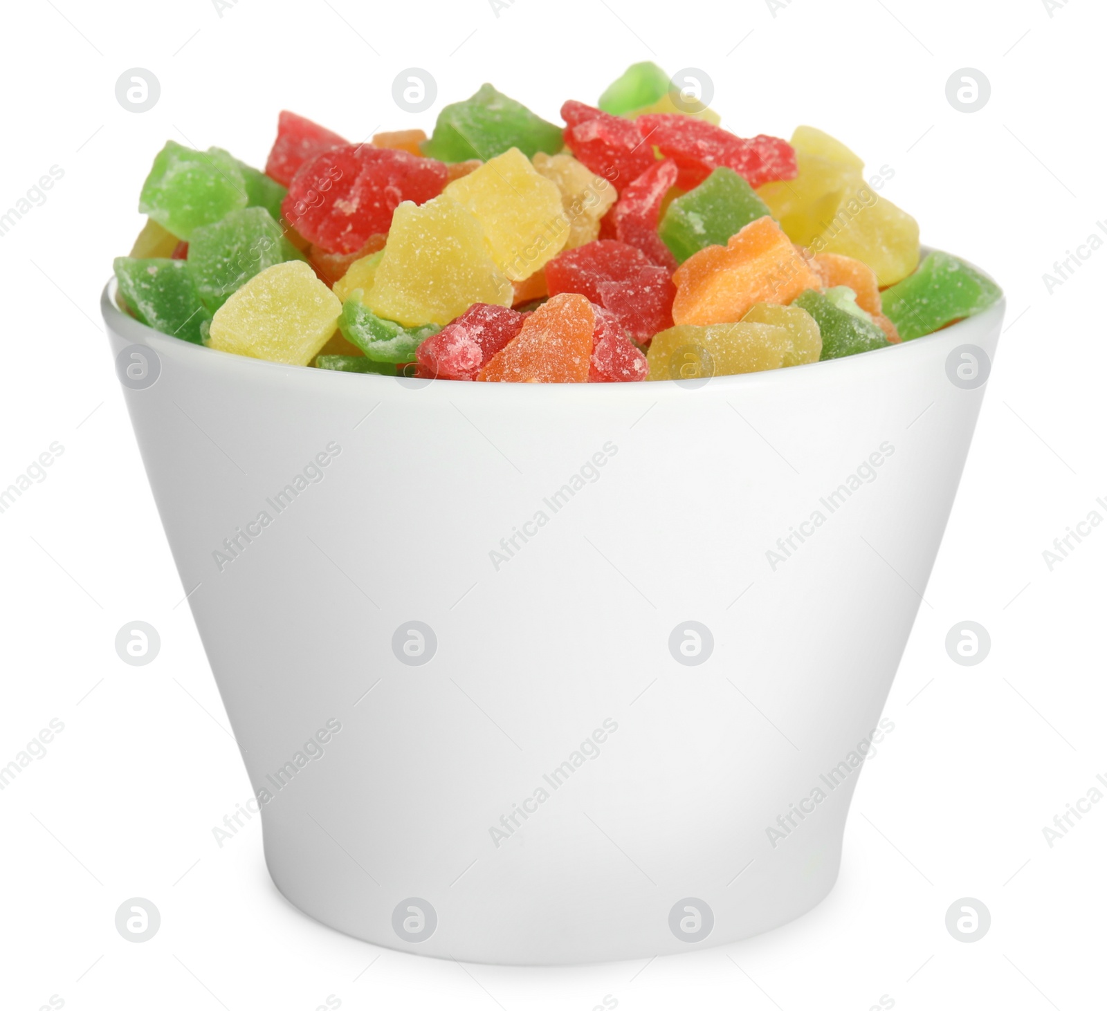 Photo of Mix of delicious candied fruits in bowl isolated on white