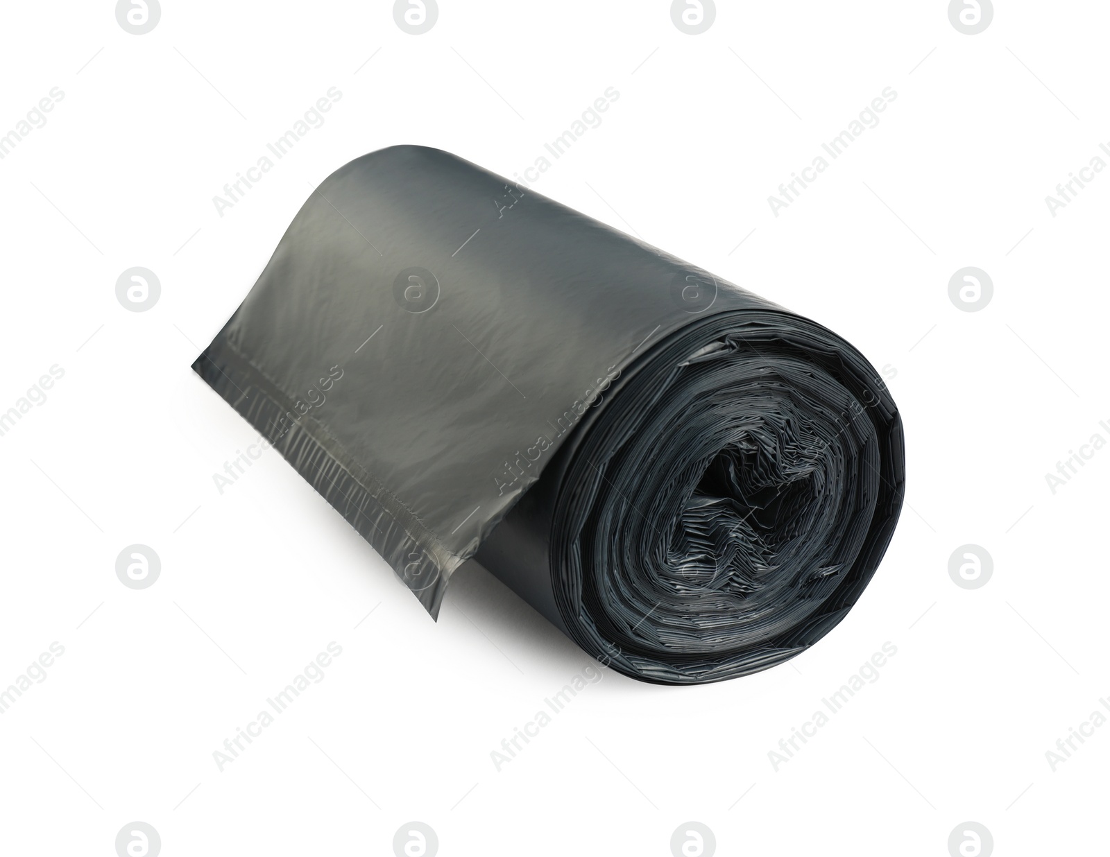 Photo of Roll of black garbage bags on white background. Cleaning supplies