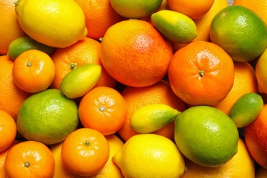 Photo of Many different citrus fruits as background, top view