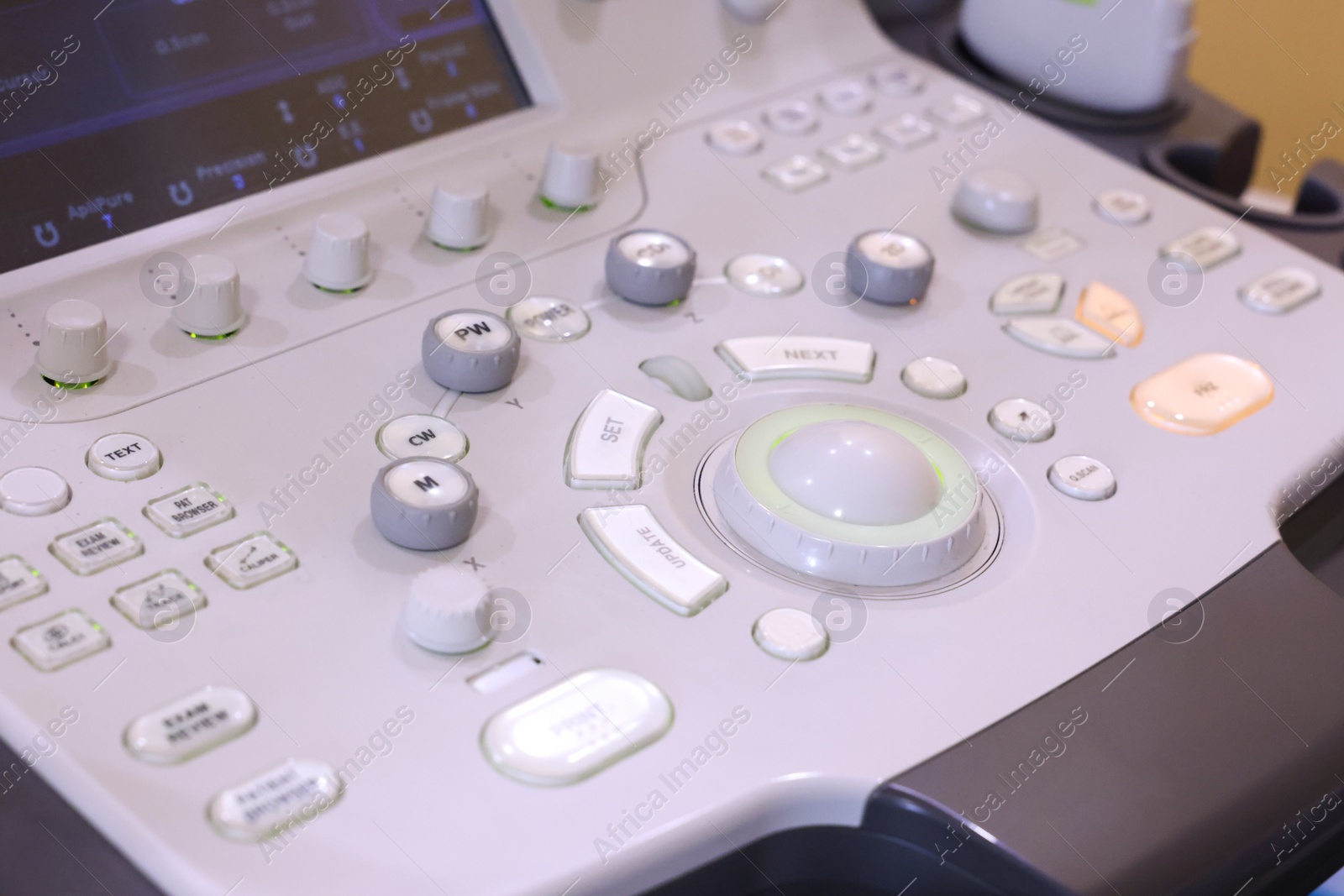 Photo of Ultrasound control panel in hospital, closeup. Medical equipment