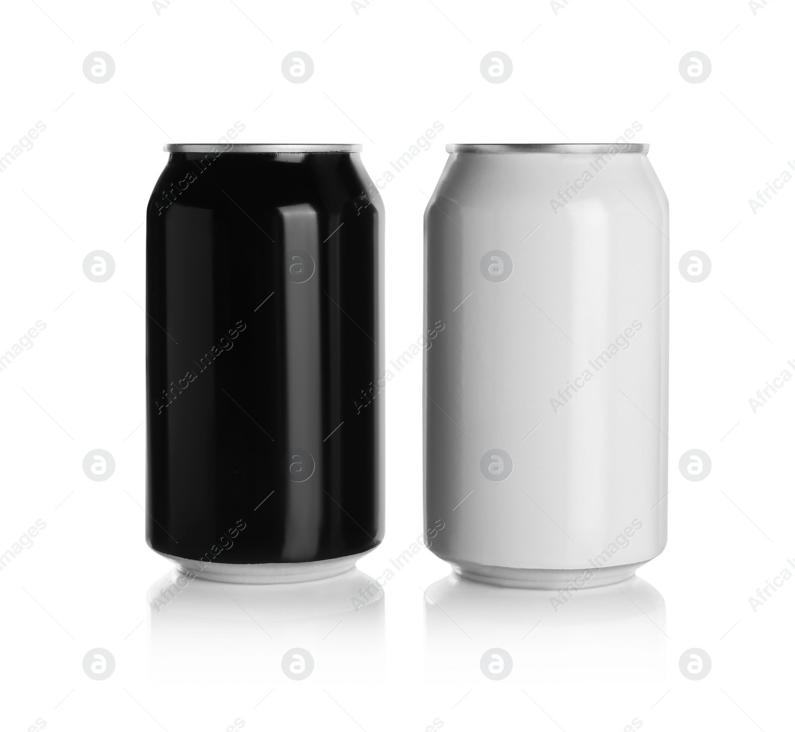 Photo of Aluminum cans with drinks on white background