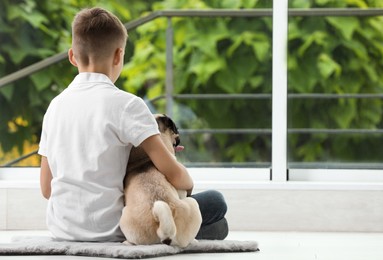 Photo of Boy with his cute pug near window indoors, back view. Space for text
