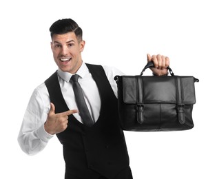 Photo of Businessman with stylish leather briefcase on white background