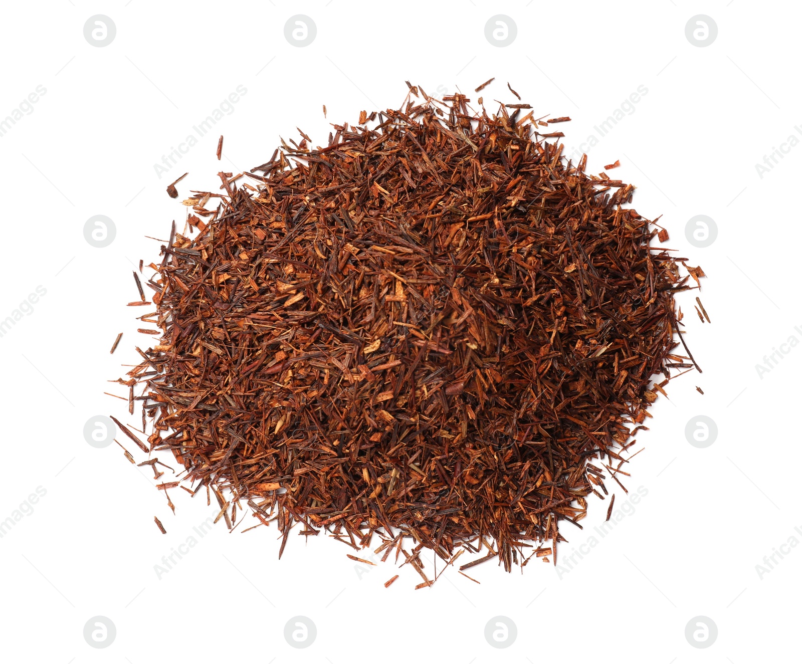 Photo of Heap of rooibos tea isolated on white, top view