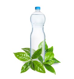 Image of Bottle made of biodegradable plastic and green leaves on white background