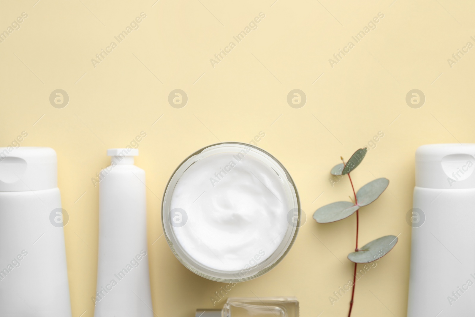 Photo of Different hand care cosmetic products and eucalyptus branch on beige background, flat lay. Space for text